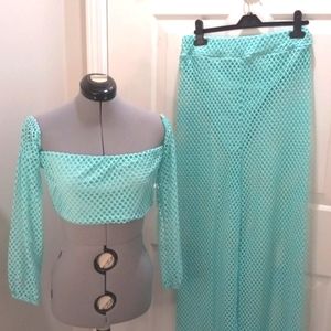 Vnvne Sea Green Open Weave Cropped Top & Pants W/ Bekini underneath  Size Med
